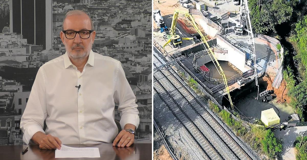 Una grúa cae engullida por un socavón en las obras de soterramiento de Rodalies en Vallbona